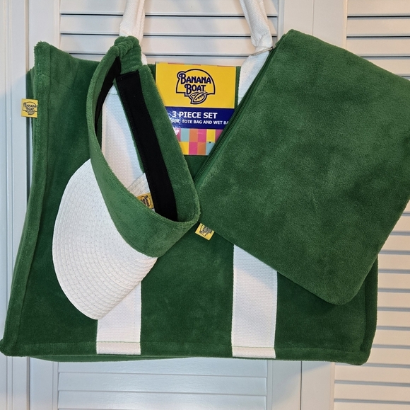 Banana Boat Handbags - Banana Boat 3 Pc Beach Set Terry Cloth Large Tote Visor Wet Bag Green White
